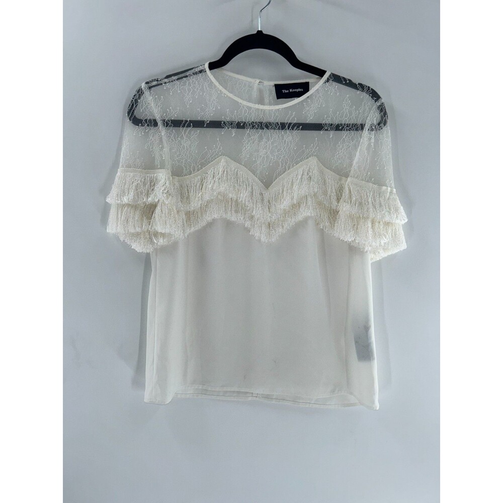 Women's The Kooples White Short Sleeve Lace Fringe Detail Top Blouse Size S